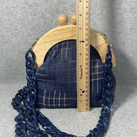 Pushi Blue Tweed Timber Handle Frame Clutch Detachable Strap Magnetic Closure - Picture 11 of 16